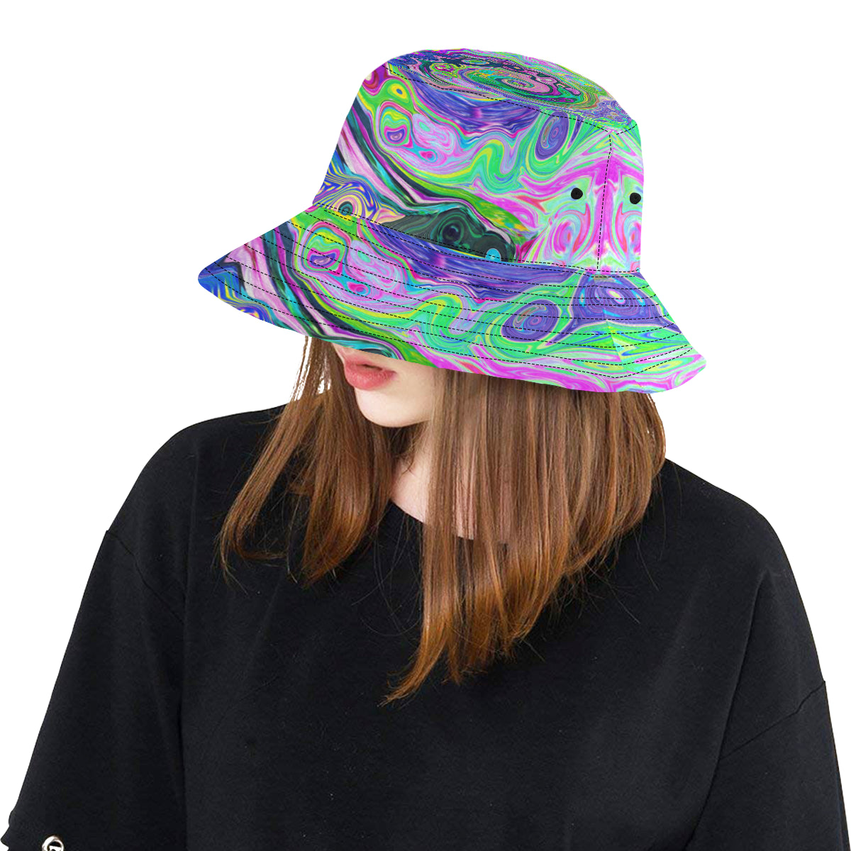 Bucket Hat, Groovy Abstract Aqua and Navy Lava Swirl, Colorful Hat for Women
