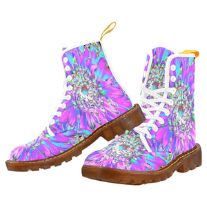 Boots for Women, Trippy Abstract Aqua, Lime Green and Purple Dahlia - White