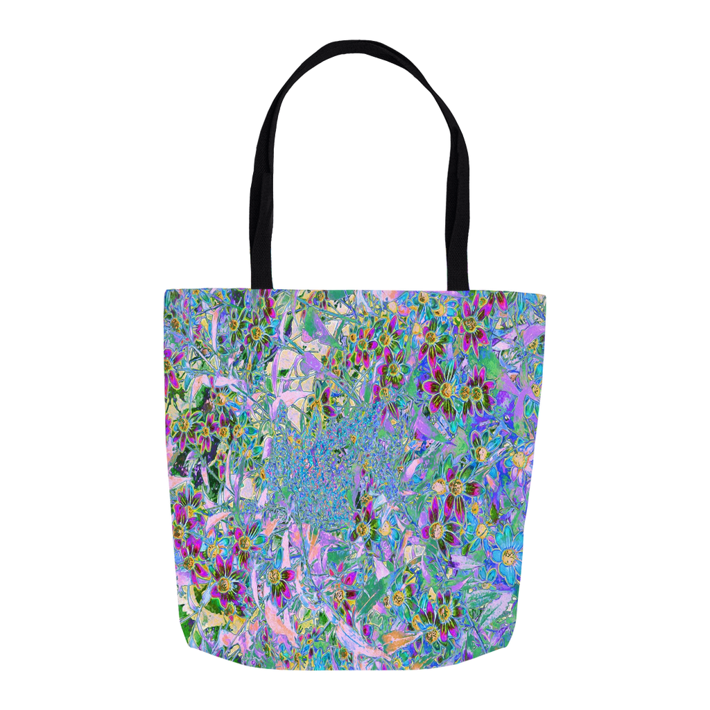 Floral Tote Bags, Retro Purple, Green and Blue Wildflowers on Pink