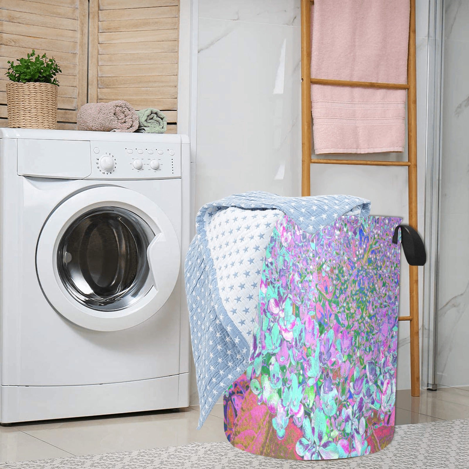 Fabric Laundry Basket with Handles, Elegant Aqua and Purple Limelight Hydrangea Detail