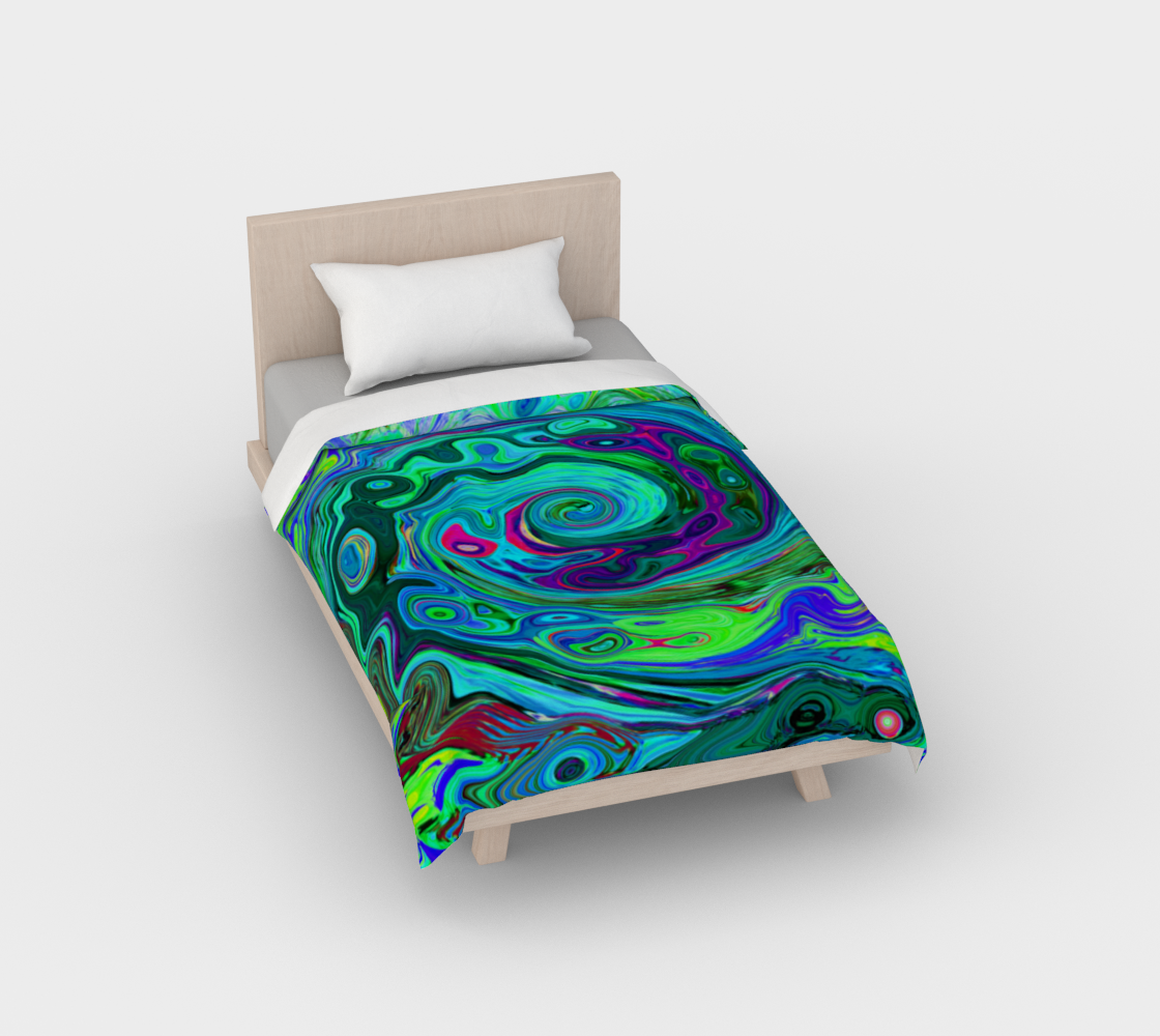 Artsy Duvet Covers, Groovy Abstract Retro Green and Blue Swirl