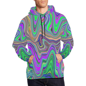 Hoodies for Men, Trippy Lime Green and Purple Waves of Color