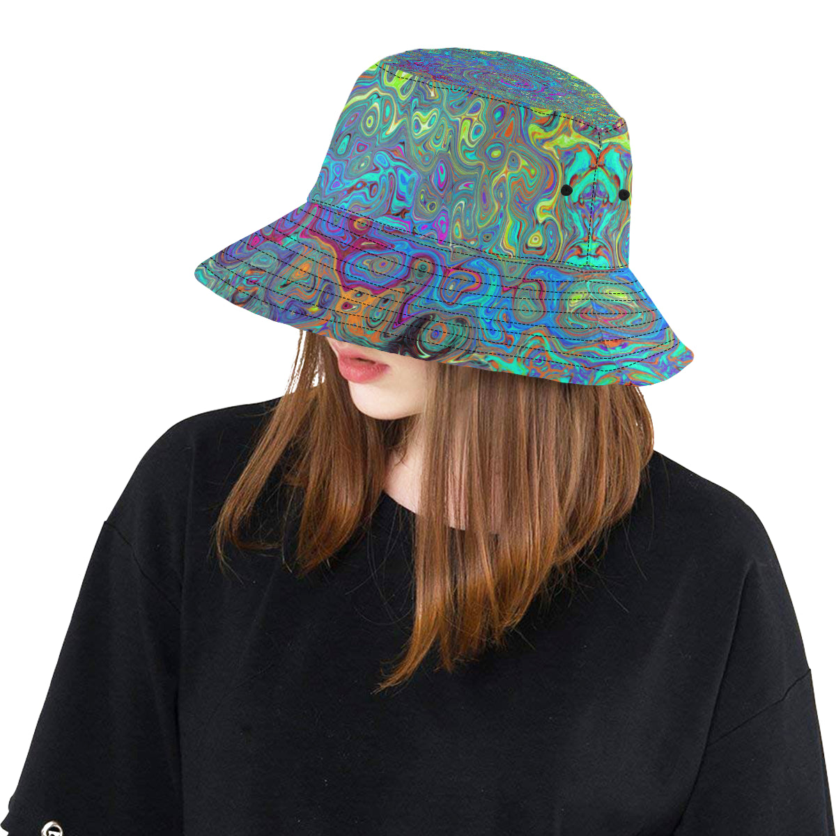 Bucket Hats, Magenta, Blue and Sea Foam Green Retro Swirl