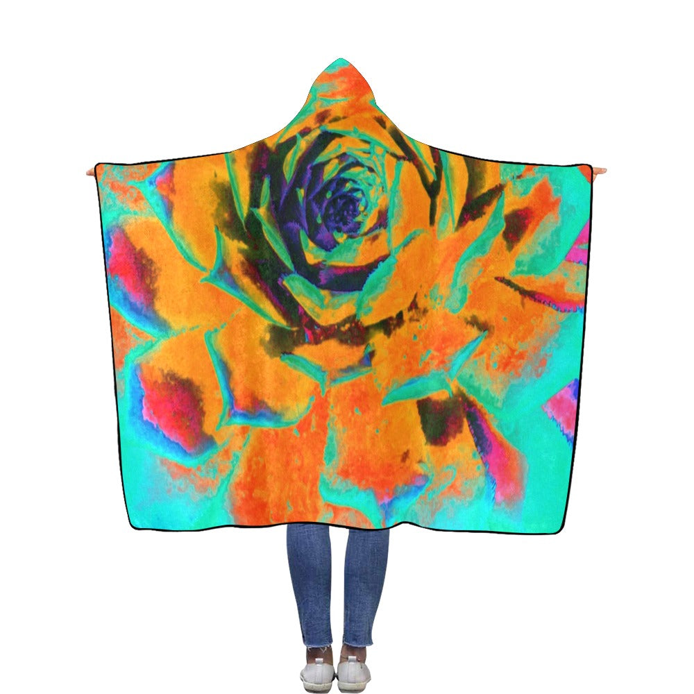 Hooded Blankets for Men, Aquamarine and Orange Succulent Sedum Rosette