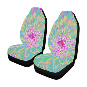 Car Seat Covers, Decorative Teal Green and Hot Pink Dahlia Flower