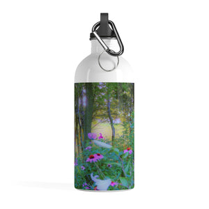Stainless Steel Water Bottle, Bright Sunrise with Pink Coneflowers in My Rubio Garden