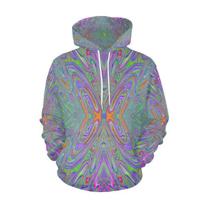 Hoodies for Men, Abstract Trippy Purple, Orange and Lime Green Butterfly