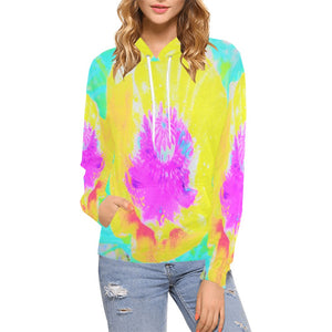 Hoodies for Women, Yellow Poppy with Hot Pink Center on Turquoise