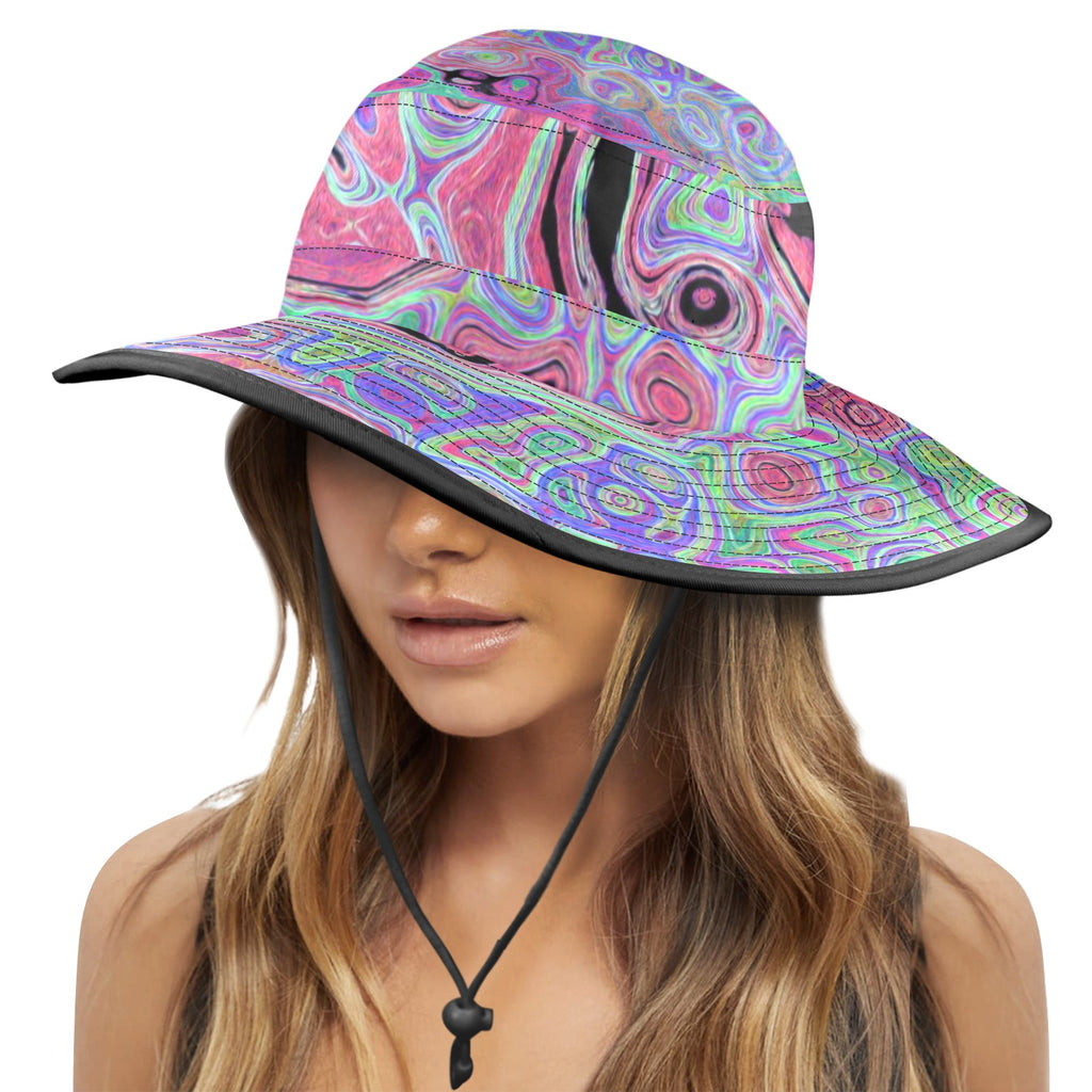 Wide Brim Sun Hat - Pink and Lime Green Groovy Abstract Retro Swirl