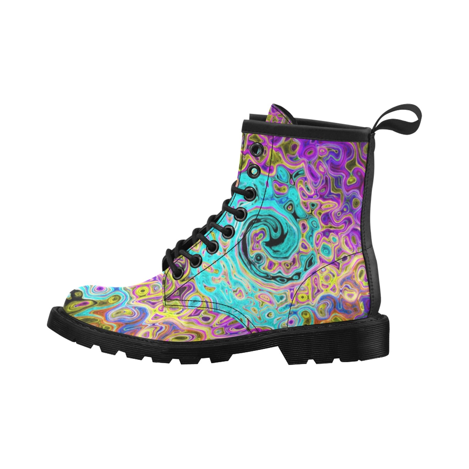 Lace Up Boots for Women - Icy Aqua Blue Groovy Abstract Retro Liquid Swirl