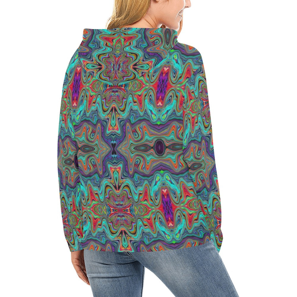 Hoodies for Women, Wavy Sea Foam Green and Red Trippy Pattern