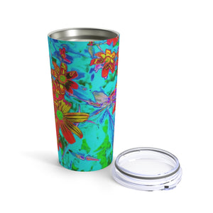 Travel Tumblers, Aqua Tropical with Yellow and Orange Flowers