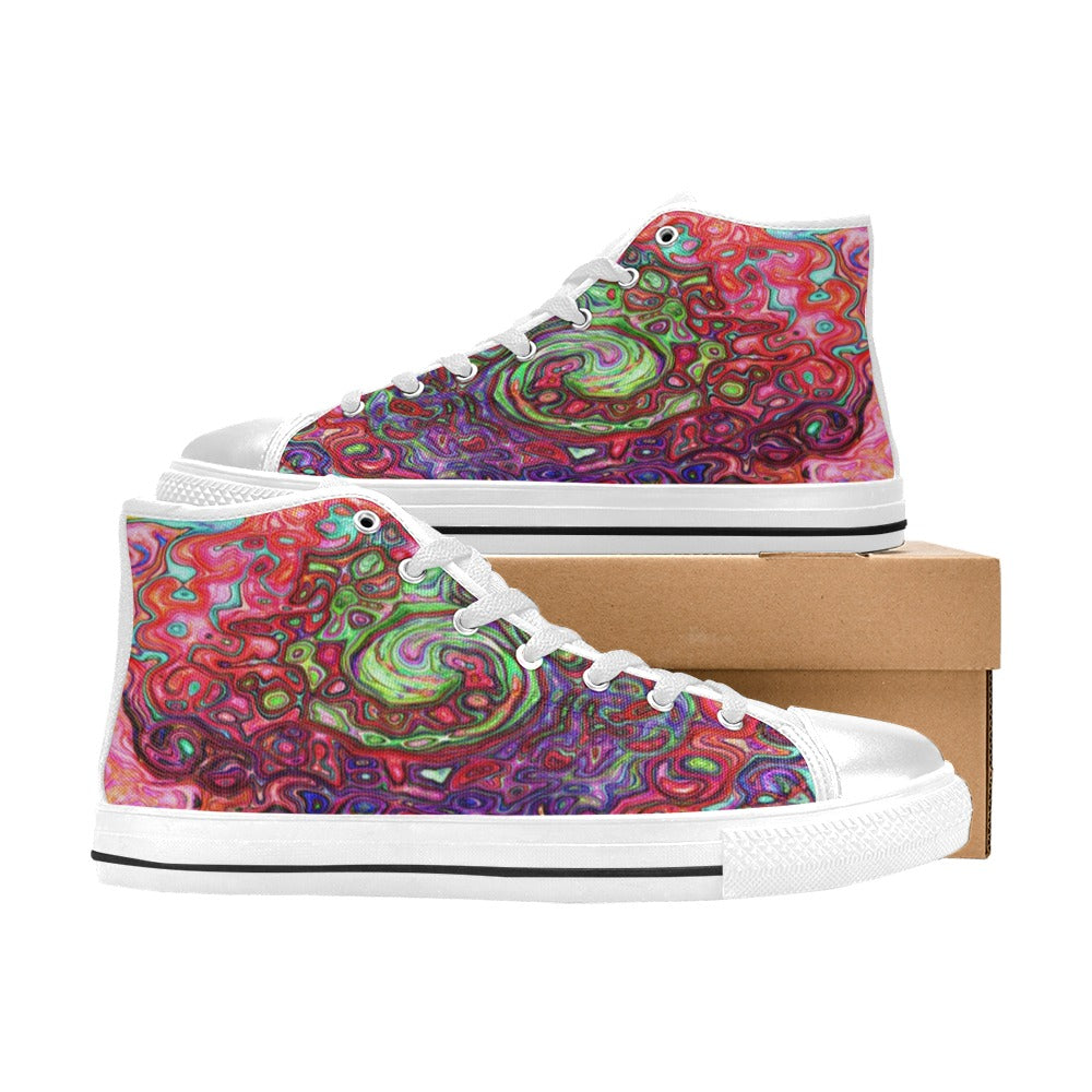 High Top Sneakers for Women, Watercolor Red Groovy Abstract Retro Liquid Swirl - White