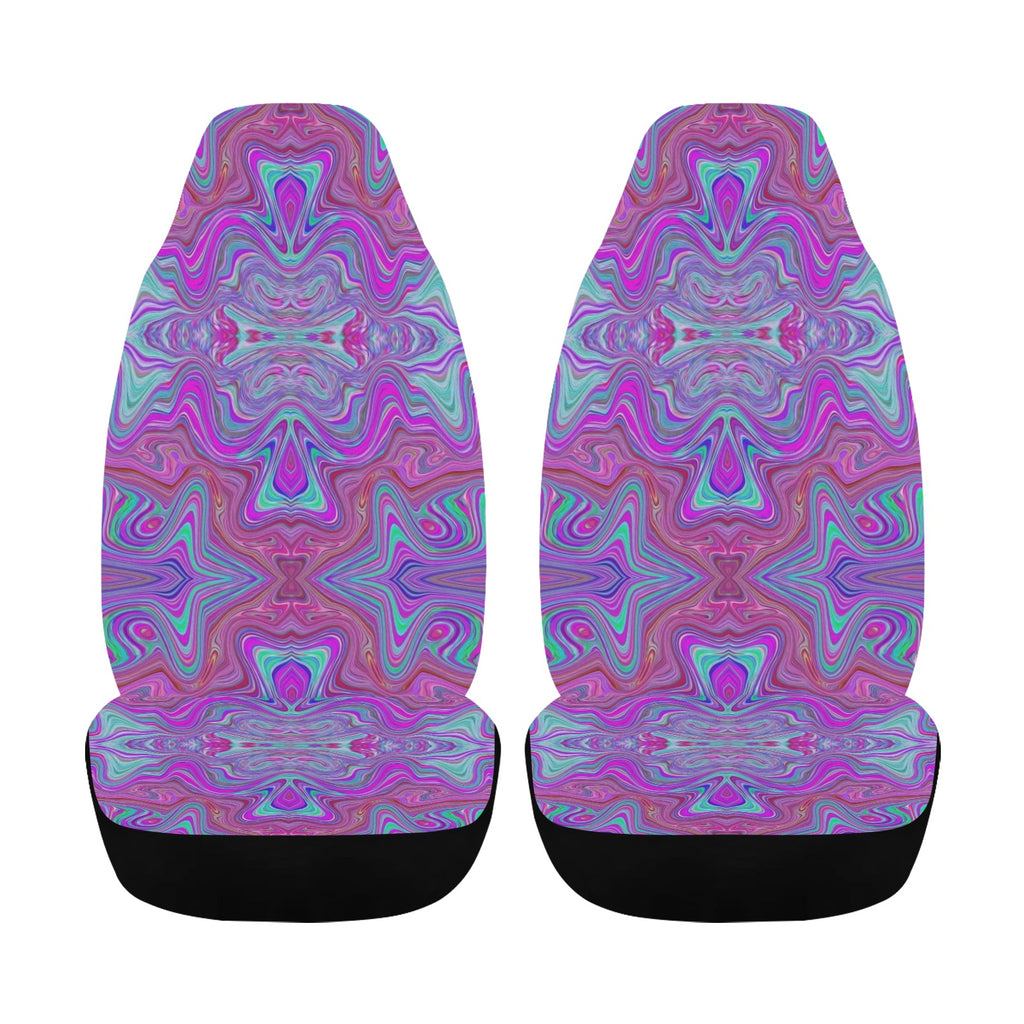 Colorful Car Seat Covers, Wavy Magenta and Green Trippy Marbled Pattern