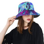 Bucket Hats, Psychedelic Retro Green and Blue Hibiscus Flower