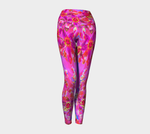 Artsy Yoga Leggings, Succulent Sedum Flowers in Magenta, Gold and Red