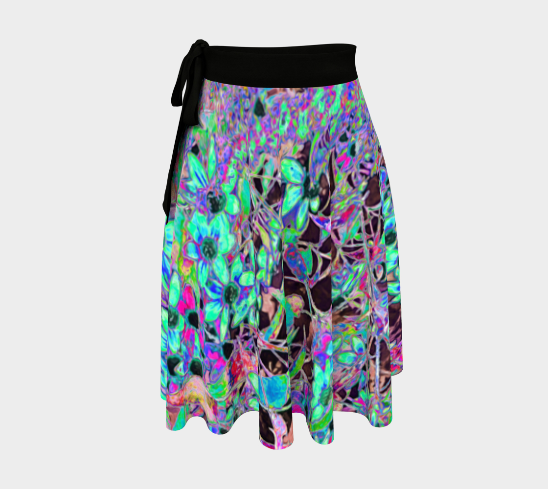 Artsy Wrap Skirt, Purple Garden with Psychedelic Aquamarine Flowers