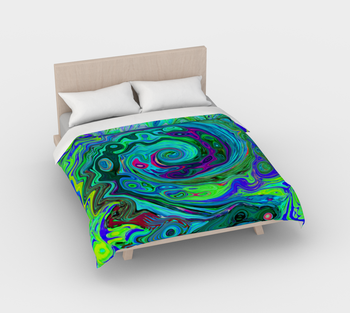 Artsy Duvet Covers, Groovy Abstract Retro Green and Blue Swirl