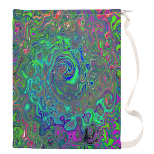 Large Laundry Bags, Trippy Chartreuse and Blue Retro Liquid Swirl
