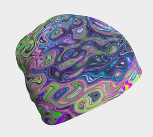 Beanie Hats, Marbled Lime Green and Purple Abstract Retro Swirl