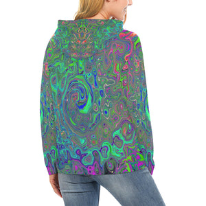 Hoodies for Women, Trippy Chartreuse and Blue Retro Liquid Swirl
