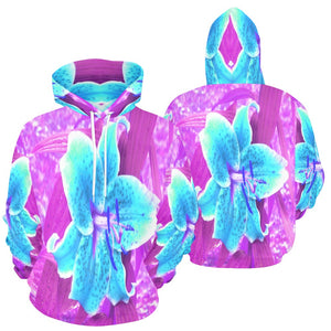 Hoodies for Women, Pretty Aqua Blue Stargazer Lily on Purple