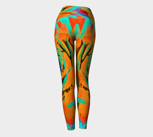 Artsy Yoga Leggings, Aquamarine and Orange Succulent Sedum Rosette