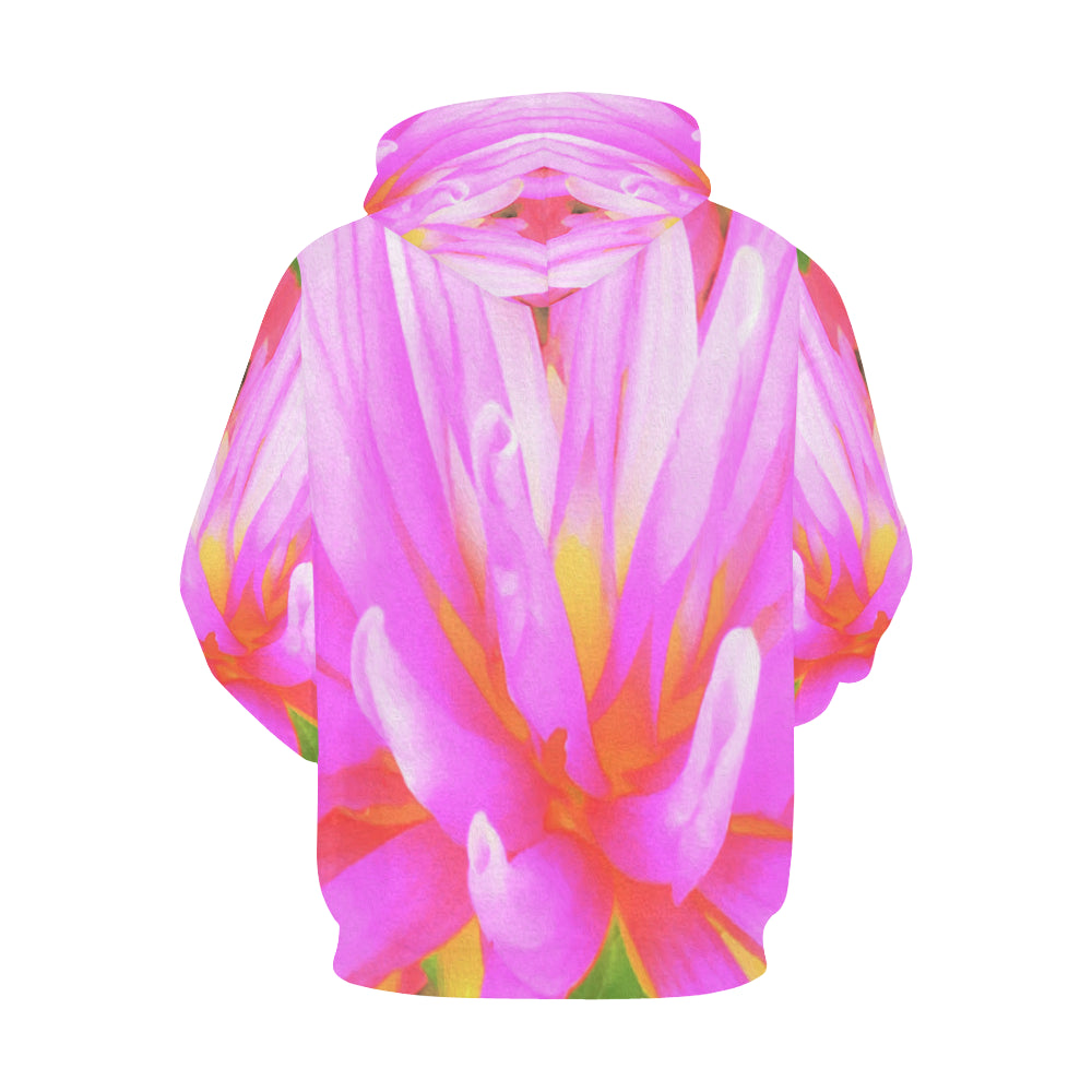 Hoodies for Women, Fiery Hot Pink and Yellow Cactus Dahlia Flower