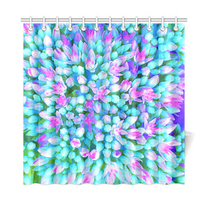 Shower Curtain, Blue and Hot Pink Succulent Sedum Flowers Detail