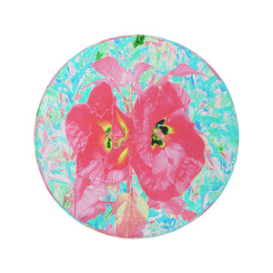 Spare Tire Covers, Two Rosy Red Coral Plum Crazy Hibiscus on Aqua - Large