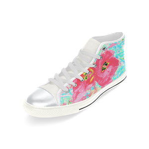 Kids High Top Sneakers, Two Rosy Red Coral Plum Crazy Hibiscus on Aqua - White