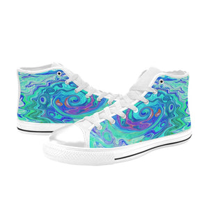 High Top Sneakers for Women, Groovy Abstract Ocean Blue and Green Liquid Swirl