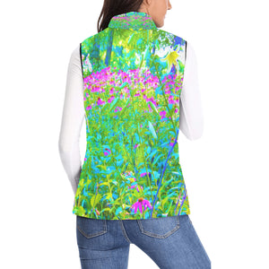 Women's Stand Collar Vest, Aqua Blue Impressionistic Garden Landscape