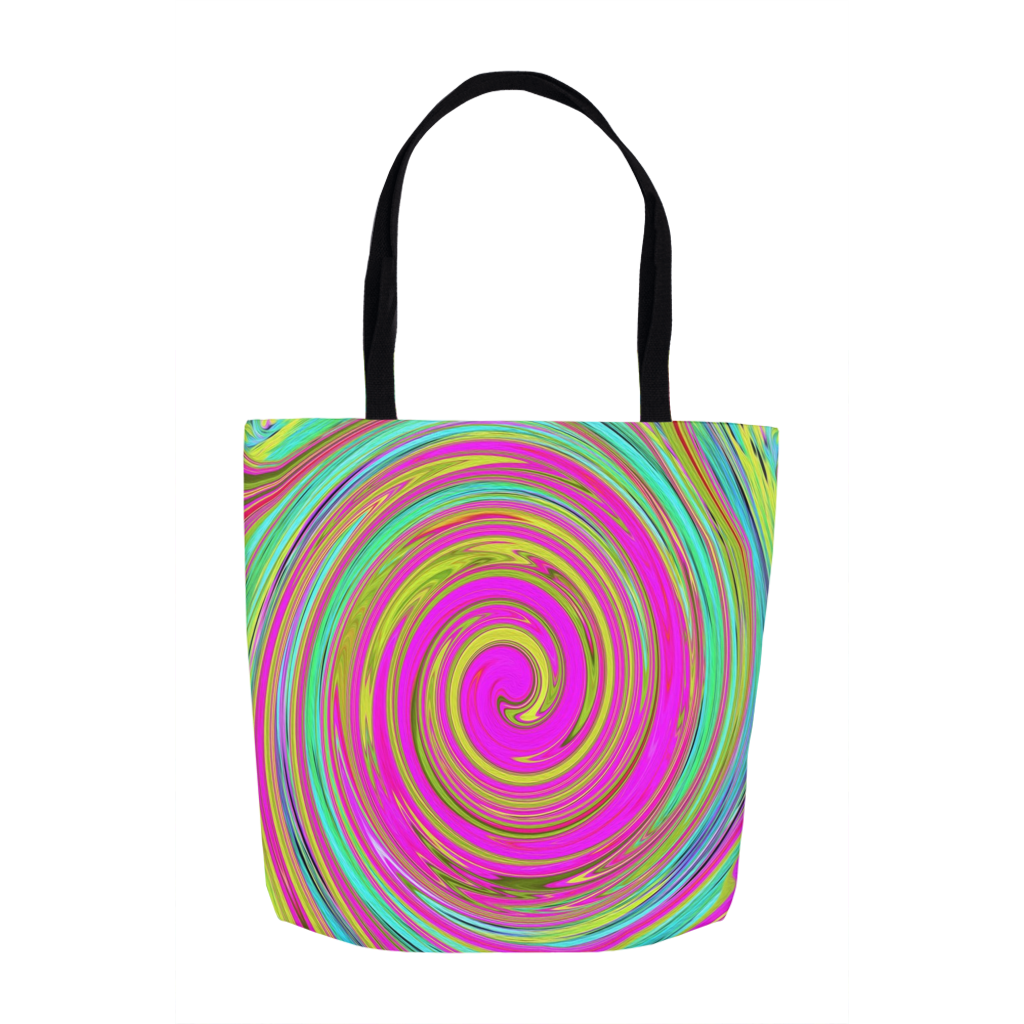 Tote Bags, Groovy Abstract Pink and Turquoise Swirl with Flowers