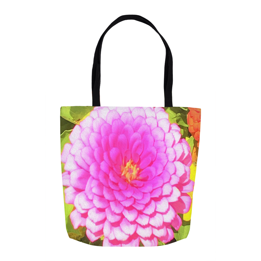 Tote Bags, Pretty Round Pink Zinnia in the Summer Garden