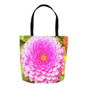 Tote Bags, Pretty Round Pink Zinnia in the Summer Garden