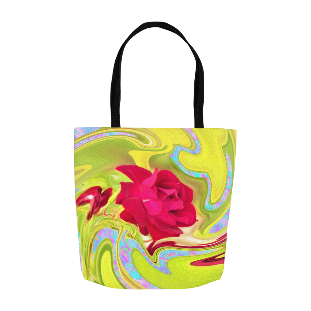 Tote Bags, Painted Red Rose on Yellow and Blue Abstract
