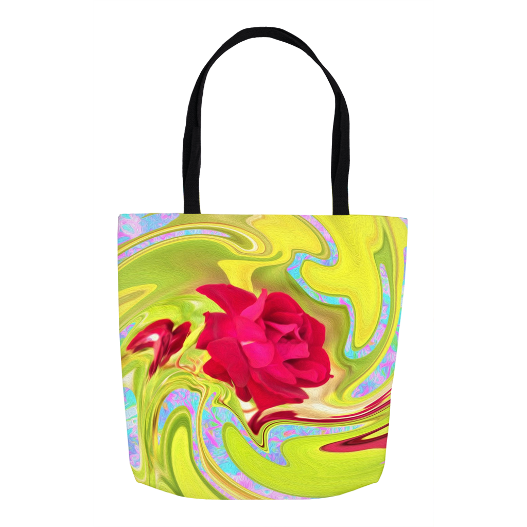 Tote Bags, Painted Red Rose on Yellow and Blue Abstract