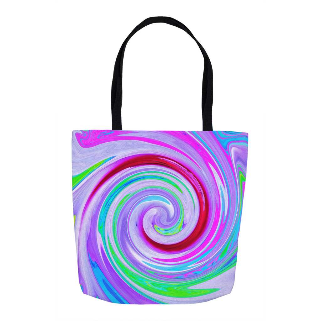 Tote Bags, Groovy Abstract Red Swirl on Purple and Pink