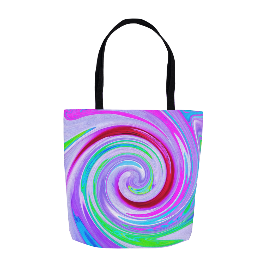 Tote Bags, Groovy Abstract Red Swirl on Purple and Pink