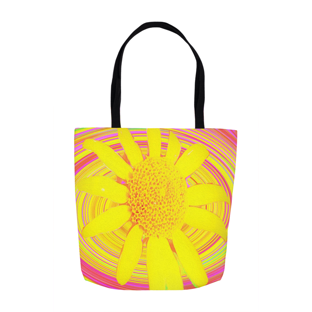 Tote Bags, Yellow Sunflower on a Psychedelic Swirl