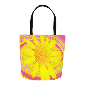 Tote Bags, Yellow Sunflower on a Psychedelic Swirl