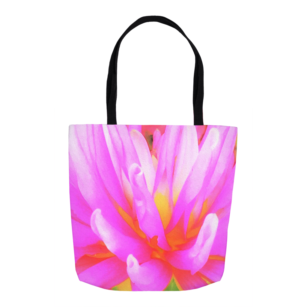 Tote Bags, Fiery Hot Pink and Yellow Cactus Dahlia Flower