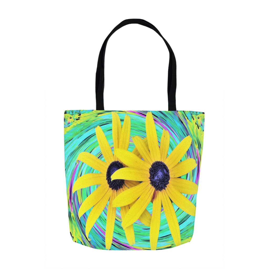 Tote Bags, Yellow Rudbeckia Flowers on a Turquoise Garden Swirl