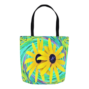 Tote Bags, Yellow Rudbeckia Flowers on a Turquoise Garden Swirl