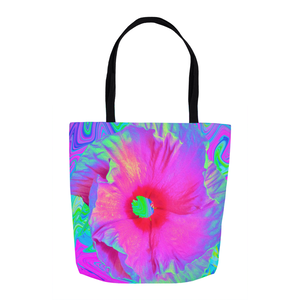 Tote Bags, Psychedelic Pink and Red Hibiscus Flower