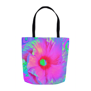 Tote Bags, Psychedelic Pink and Red Hibiscus Flower