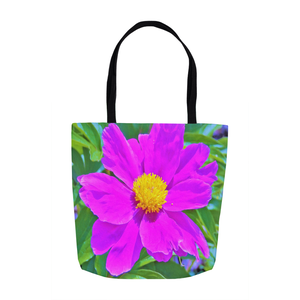 Tote Bags, Brilliant Ultra Violet Peony with Yellow Center