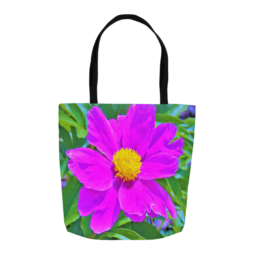 Tote Bags, Brilliant Ultra Violet Peony with Yellow Center