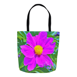 Tote Bags, Brilliant Ultra Violet Peony with Yellow Center